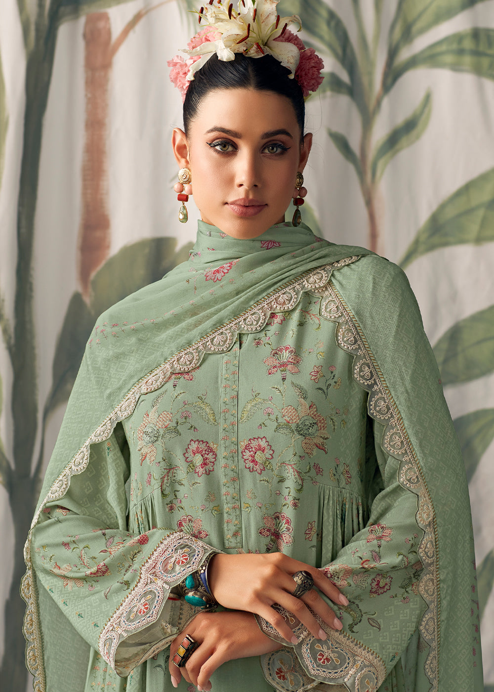 Fern Green Digital Printed Muslin Salwar Suit with Light Embroidery work