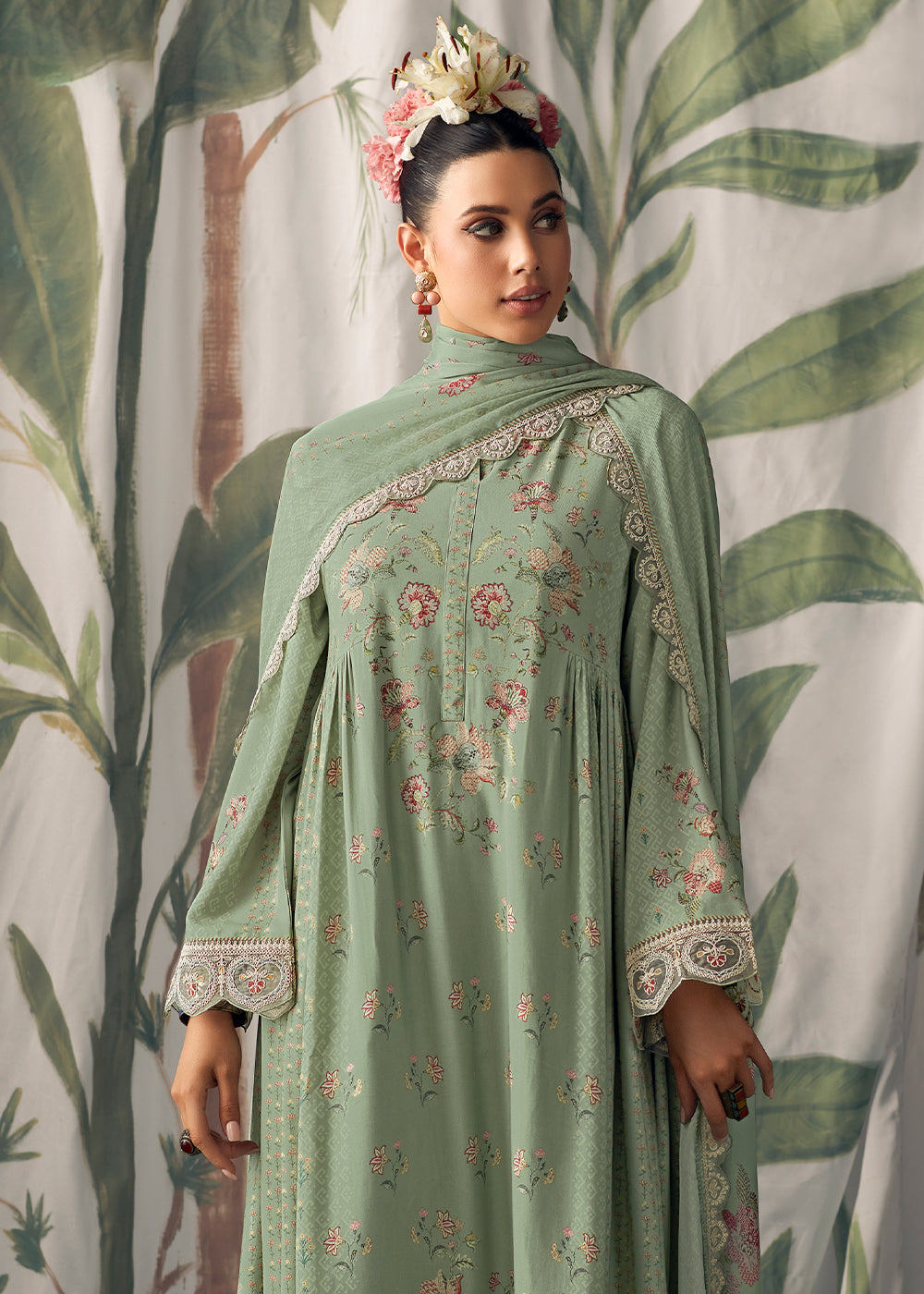 Fern Green Digital Printed Muslin Salwar Suit with Light Embroidery work