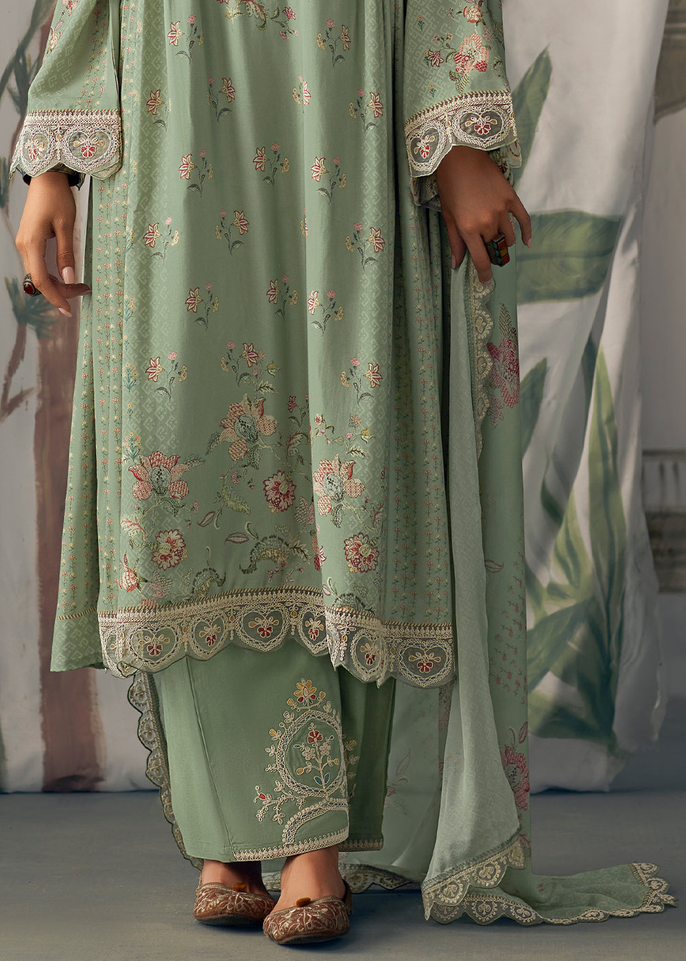 Fern Green Digital Printed Muslin Salwar Suit with Light Embroidery work