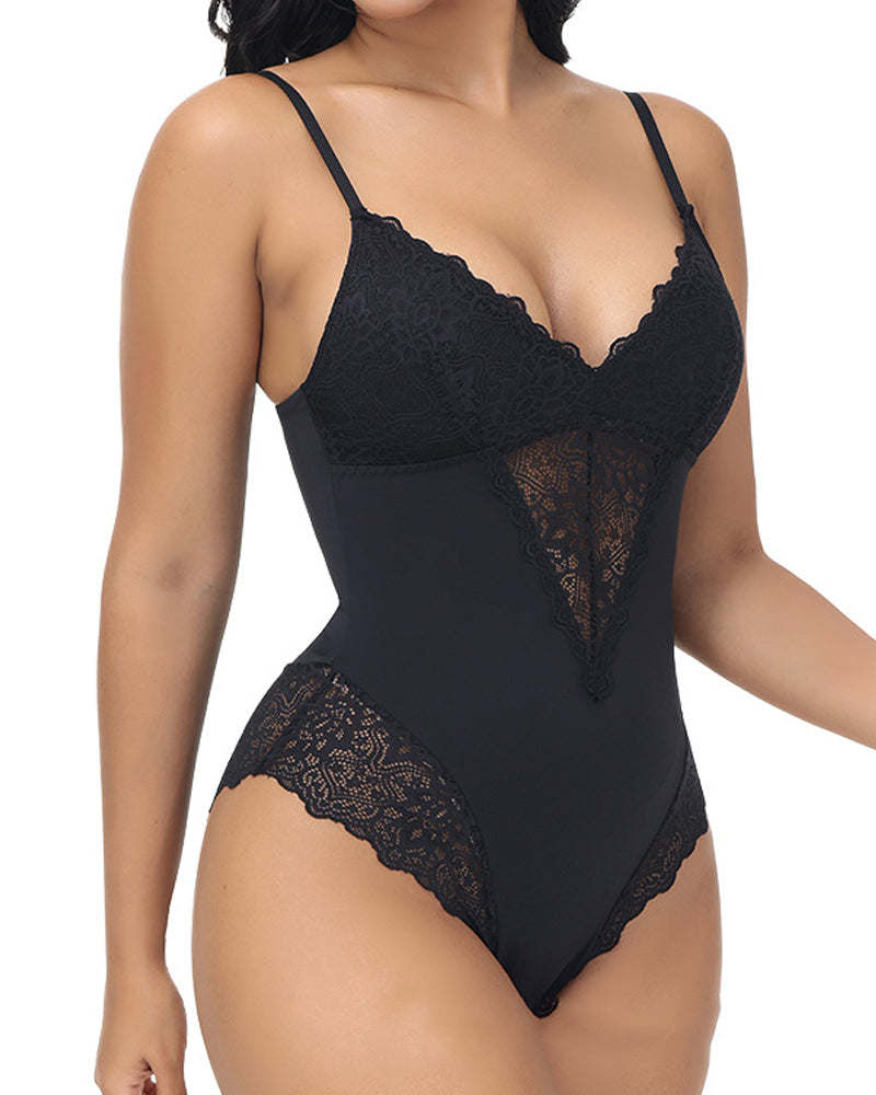 Women's Lace Sheer Spaghetti Strap Cami Bodysuit Sleeveless One Piece Shapewear  - By Qivii