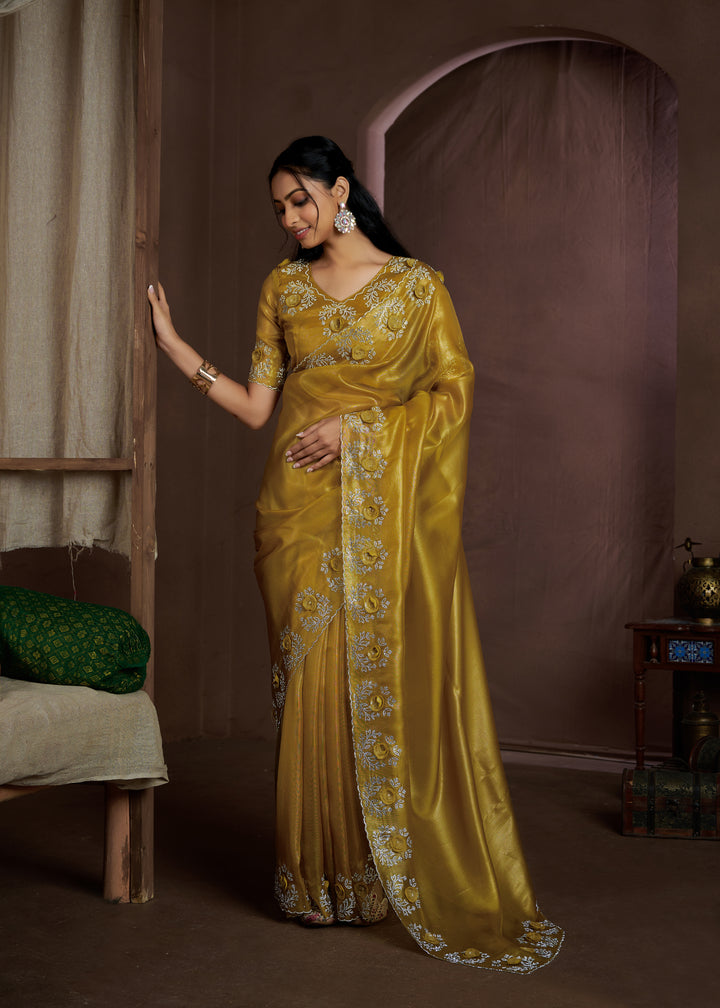 Yellow Raina silk Super Coat Handwork Jarkan Work Saree