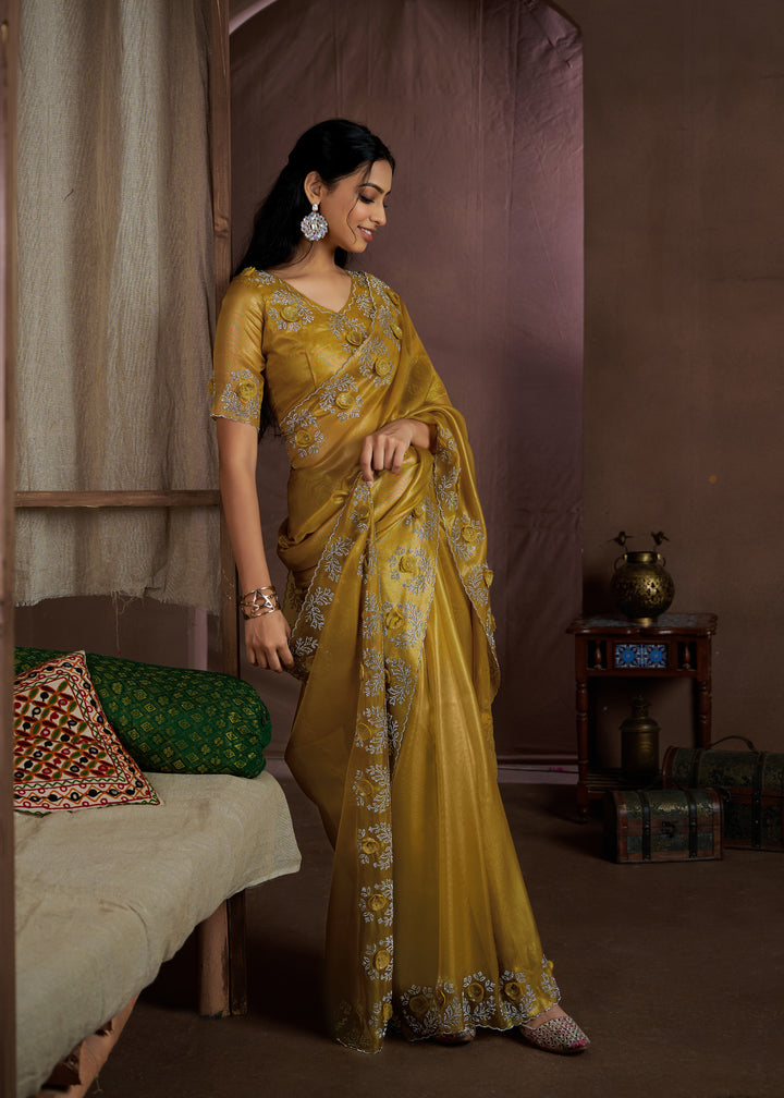 Yellow Raina silk Super Coat Handwork Jarkan Work Saree