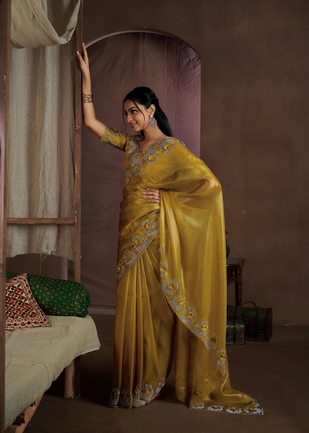 Yellow Raina silk Super Coat Handwork Jarkan Work Saree