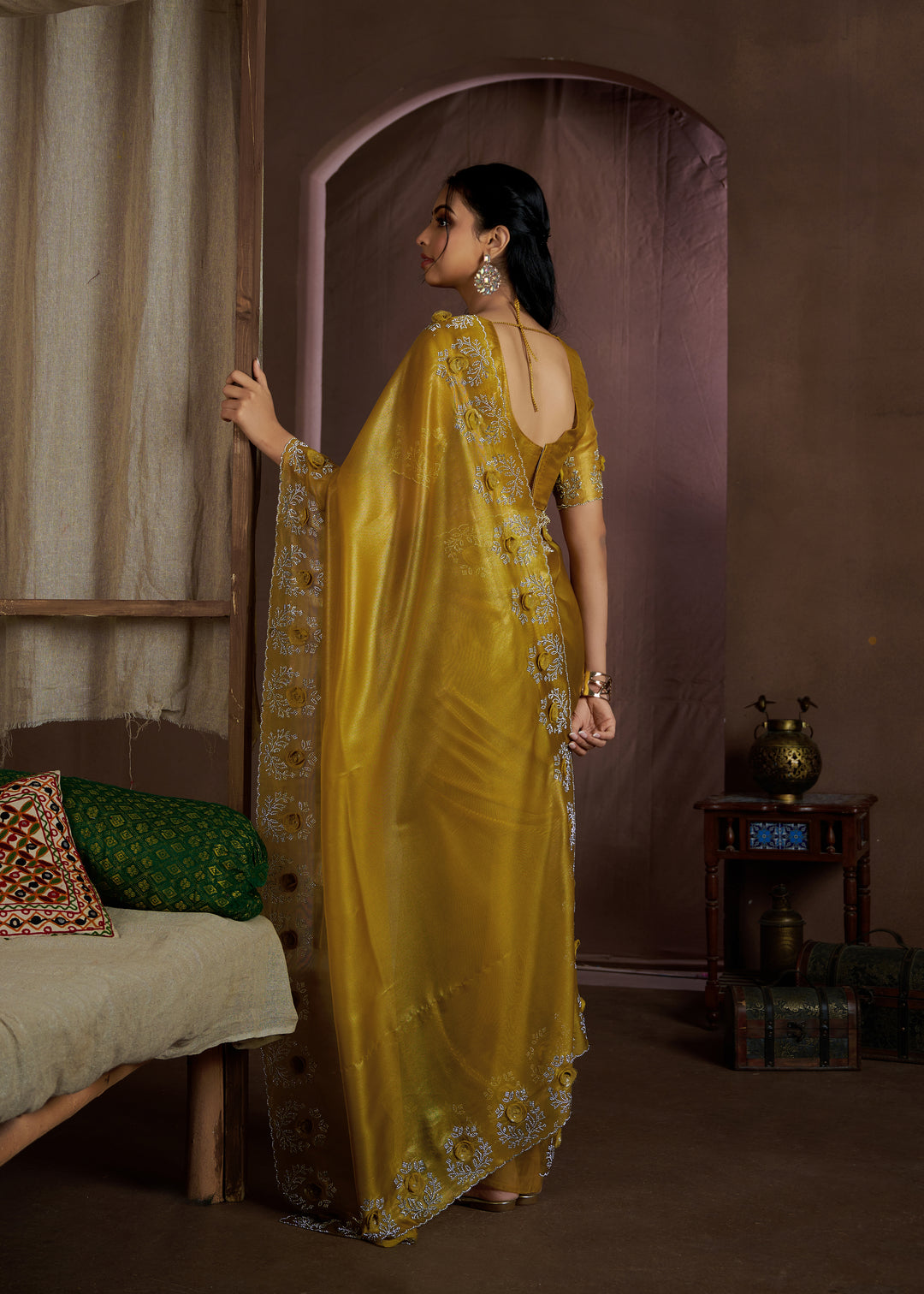 Yellow Raina silk Super Coat Handwork Jarkan Work Saree