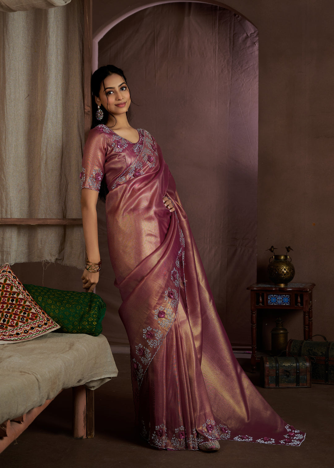 Pink Raina silk Super Coat Handwork Jarkan Work Saree