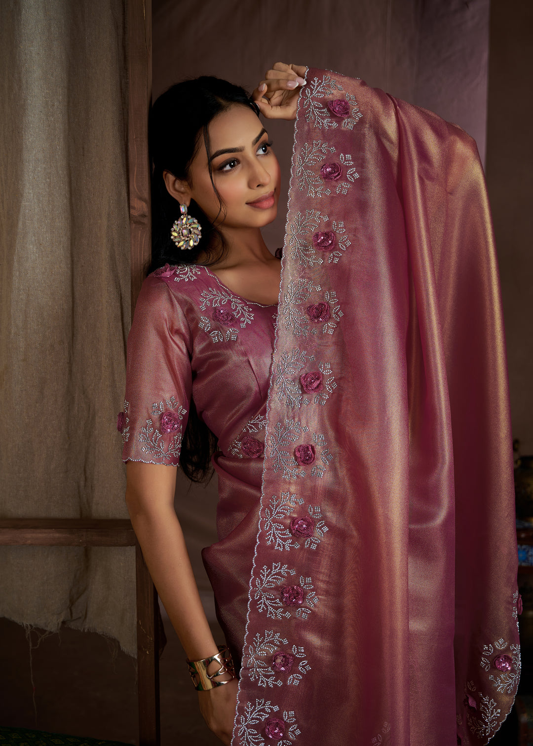 Pink Raina silk Super Coat Handwork Jarkan Work Saree