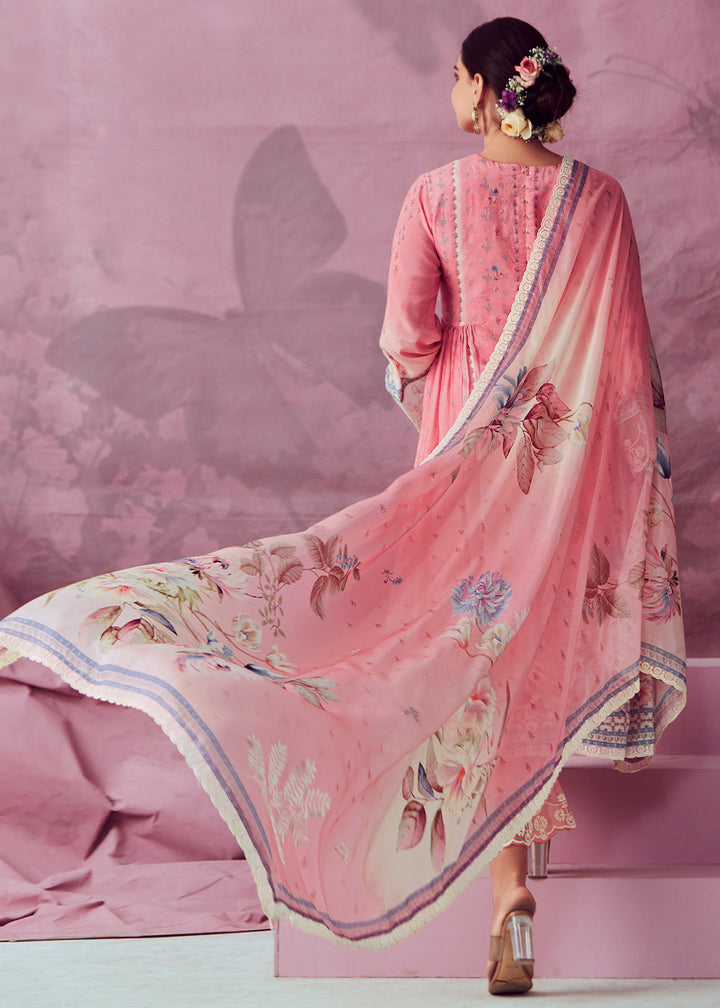 Shades Of Pink Digital Floral Printed Muslin Salwar Suit with Embroidery work