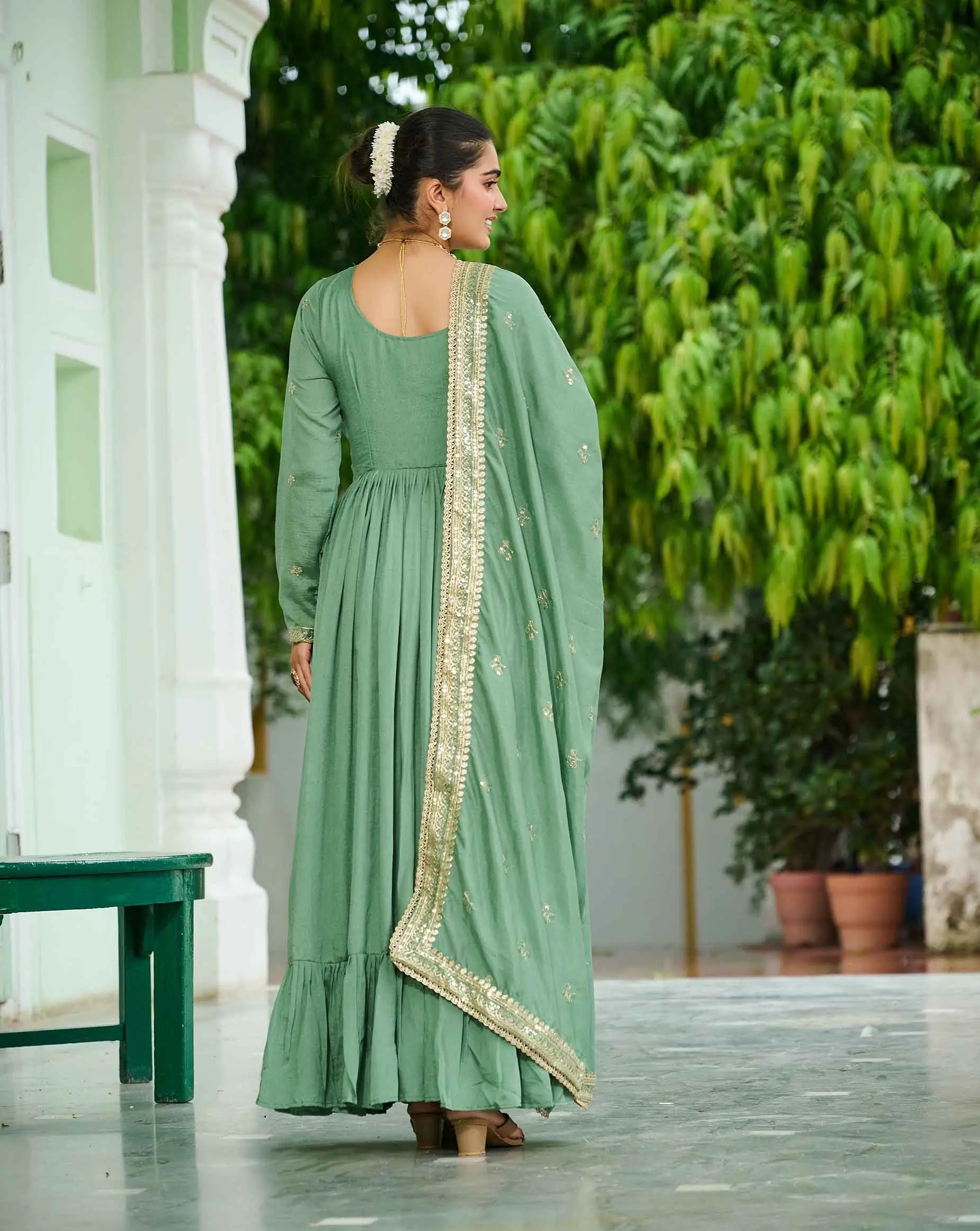 Pista Sequins Embroidery Work Gown