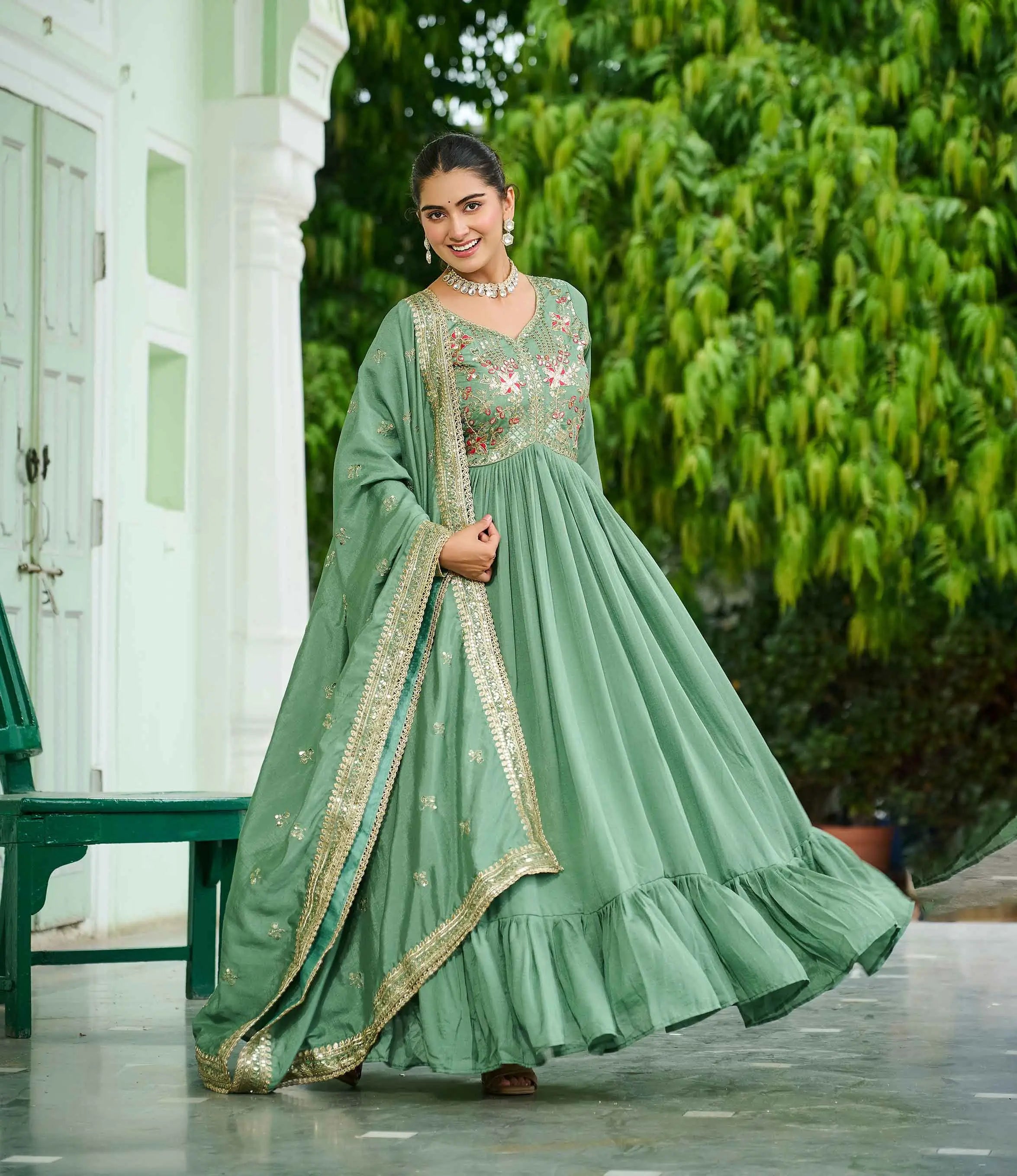 Pista Sequins Embroidery Work Gown