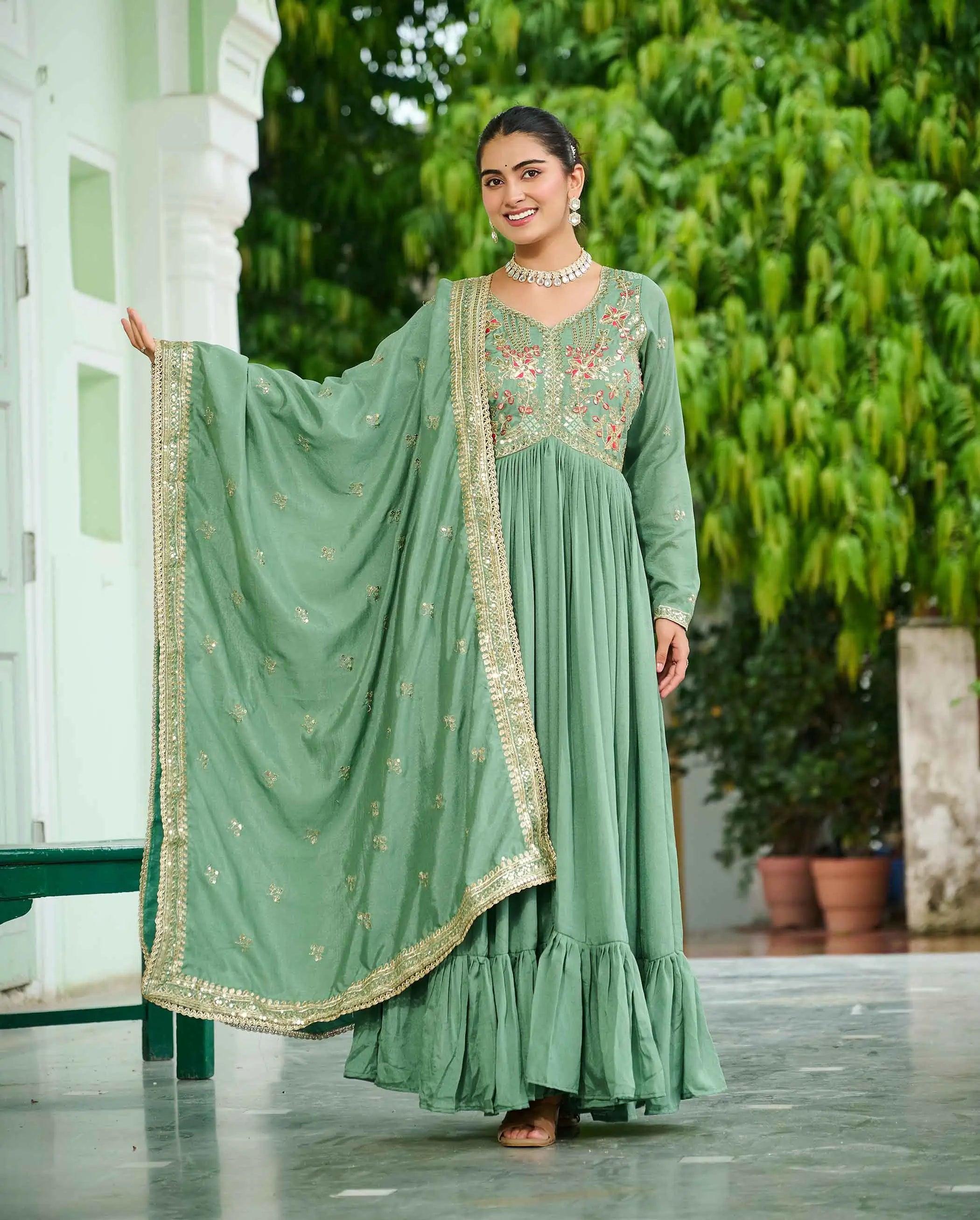 Pista Sequins Embroidery Work Gown