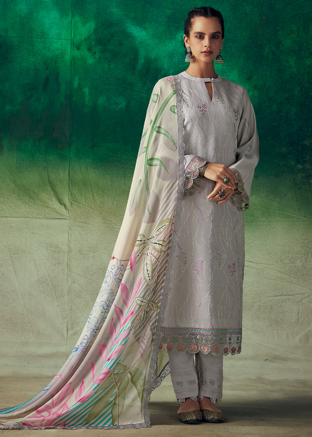 Shades Of Purple Digital Printed Muslin Salwar Suit with Light Embroidery work - qivii