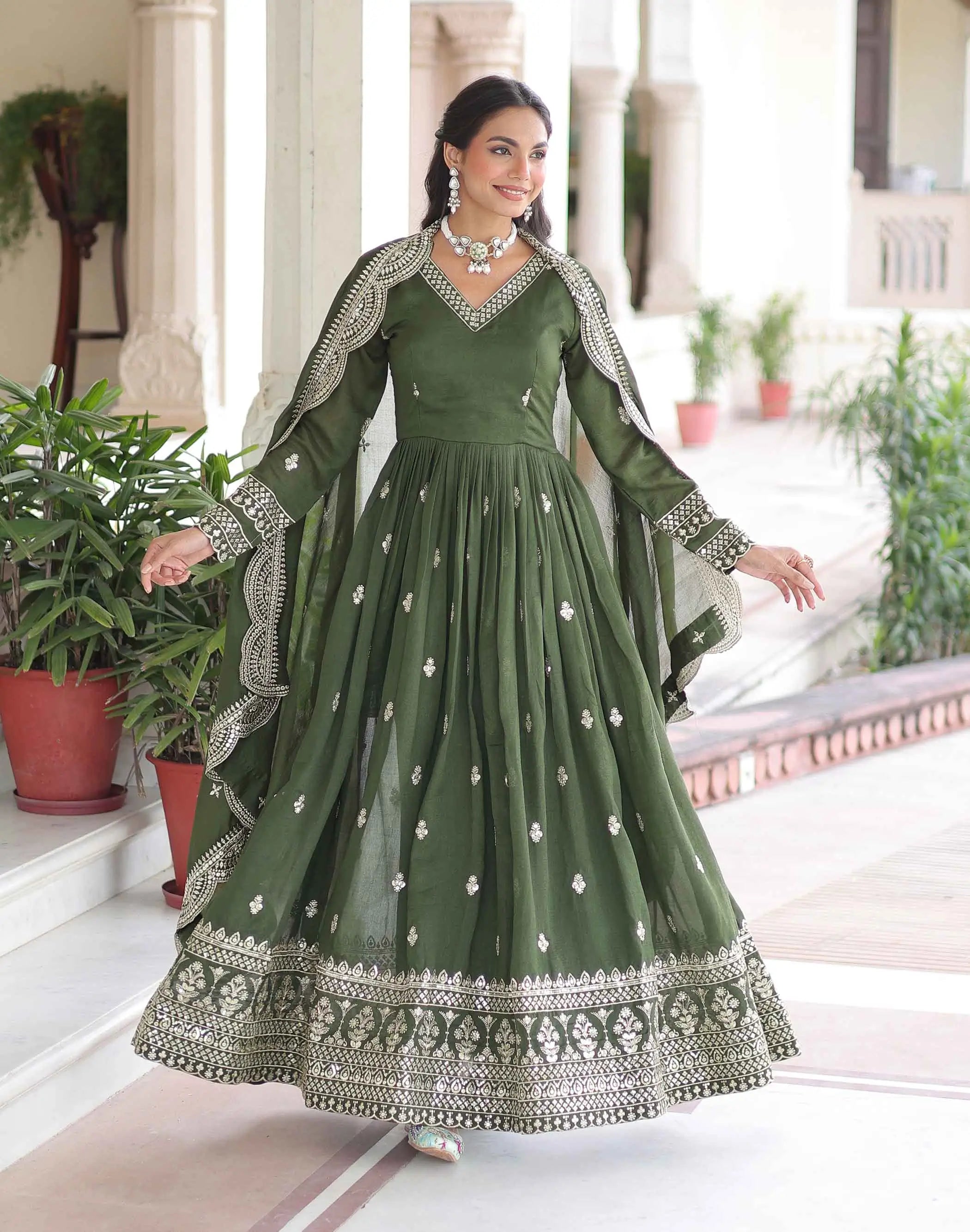 Dark Green Sequins Embroidery Work Gown