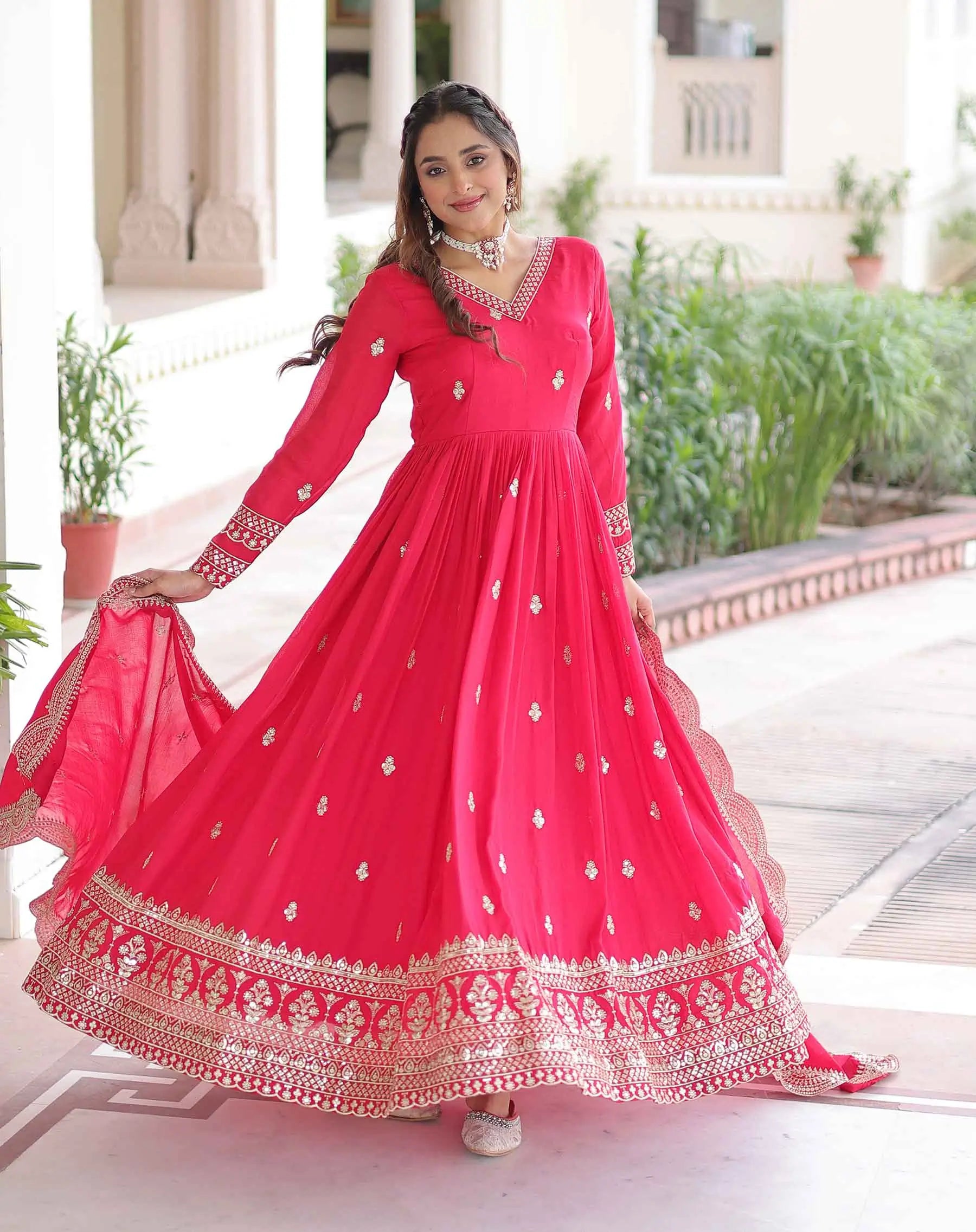 Pink Silk Gown With Sequins Embroidery Work