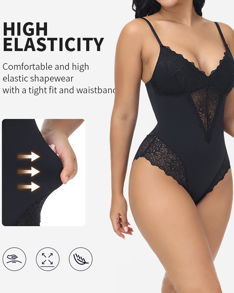 Women's Lace Sheer Spaghetti Strap Cami Bodysuit Sleeveless One Piece Shapewear  - By Qivii