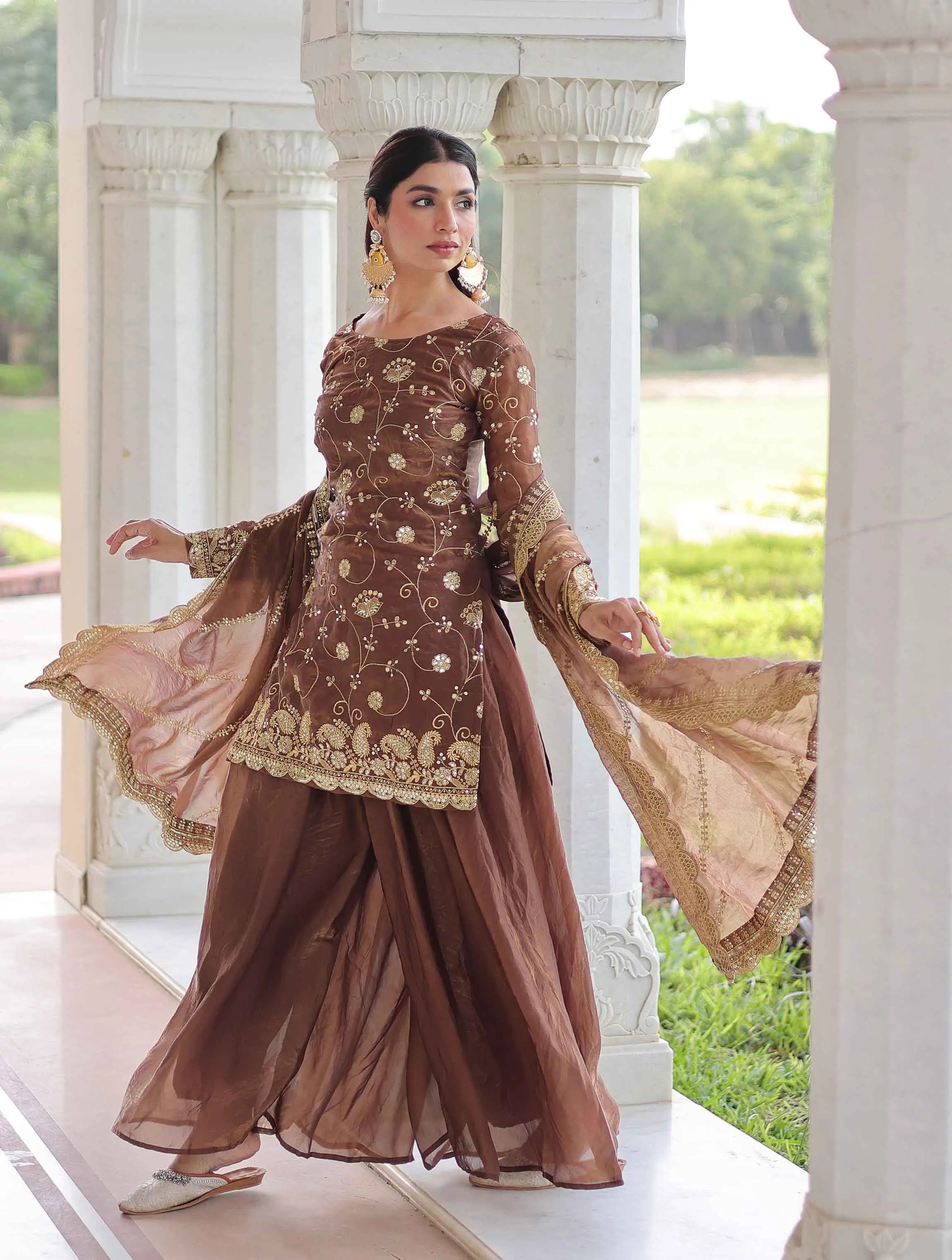 Shiny Brown Silk Sharara Suit With Embroidery Work