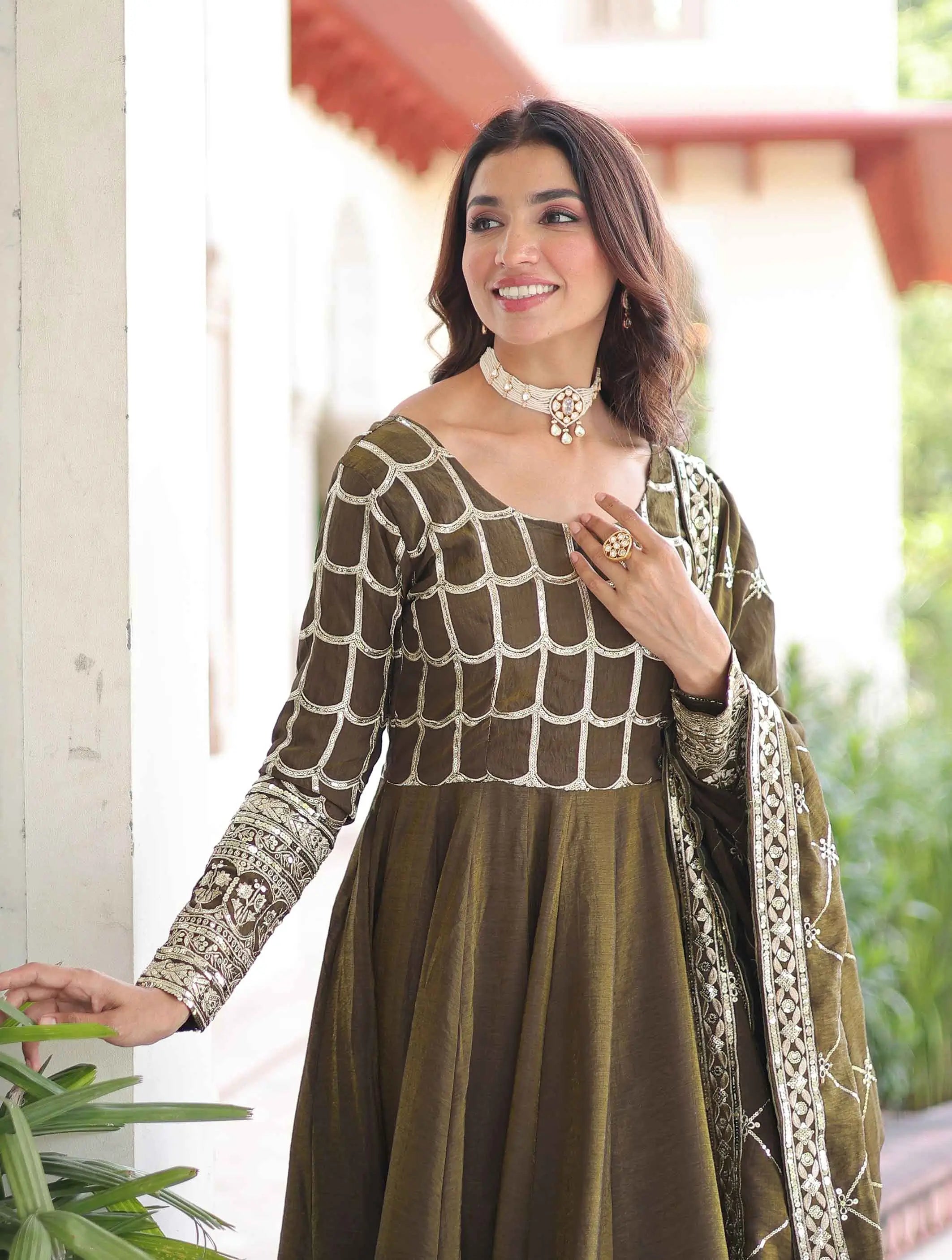 Dark Olive Sequins Embroidery Work Gown