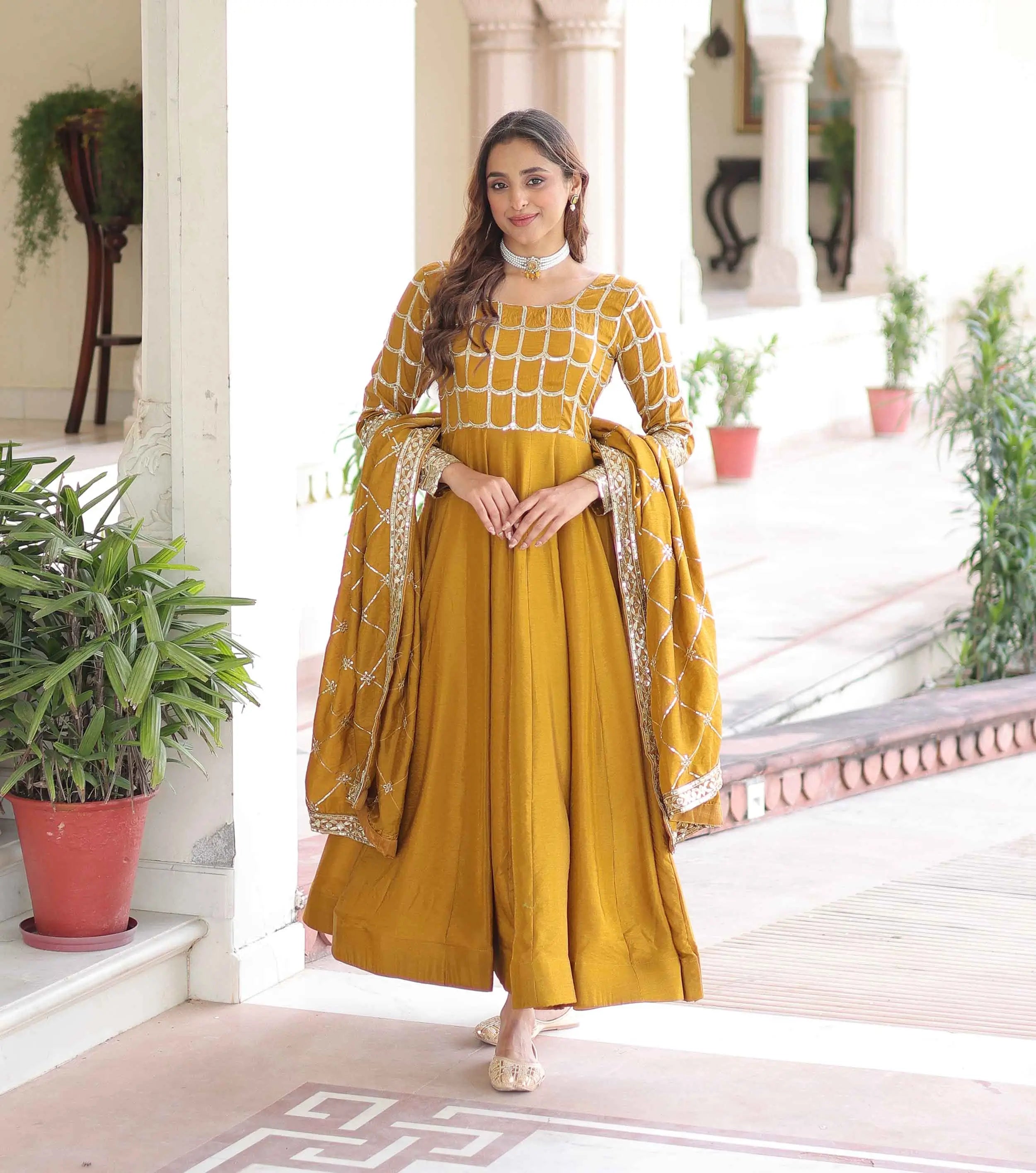 Yellow Sequins Embroidery Work Silk Gown