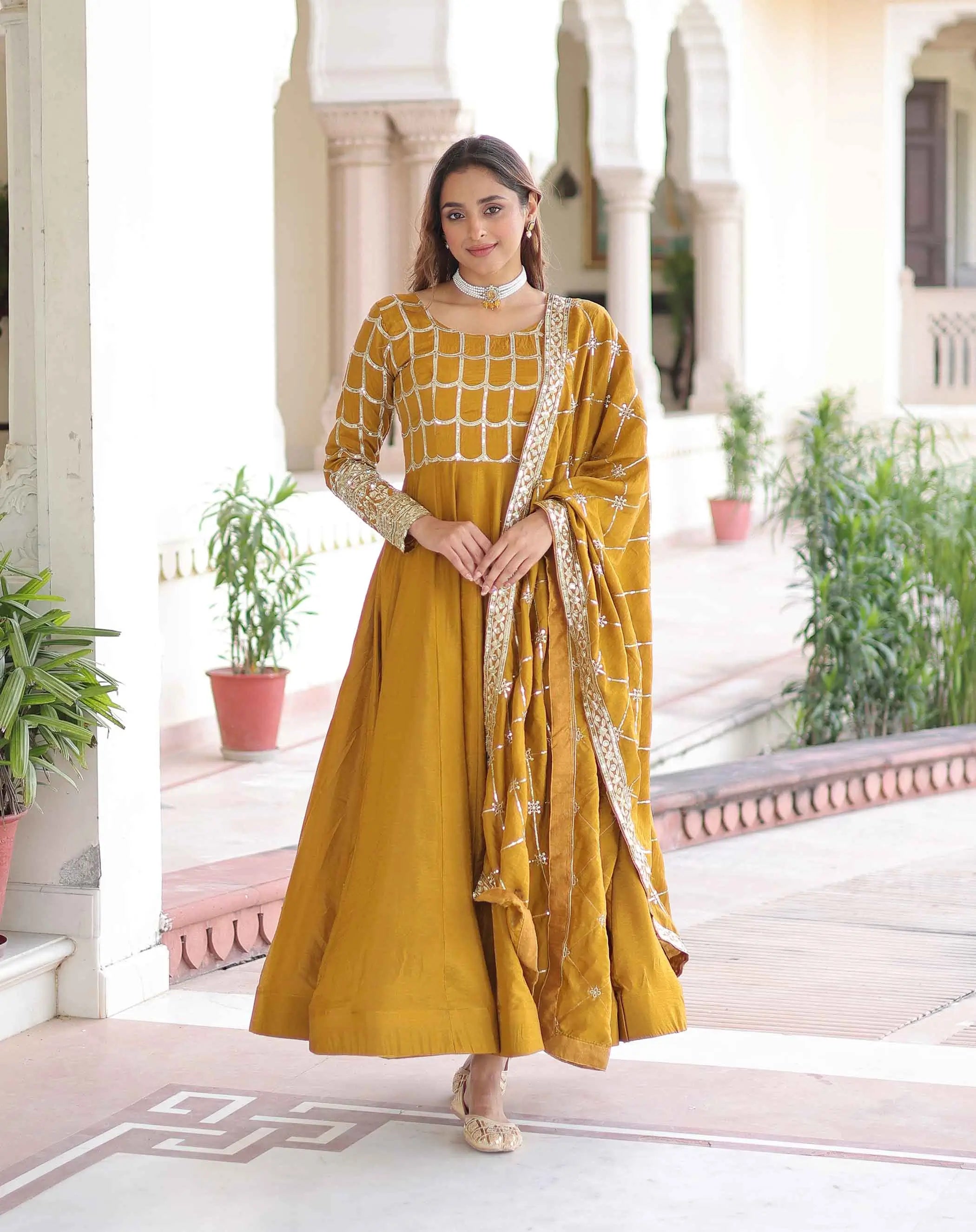 Yellow Sequins Embroidery Work Silk Gown
