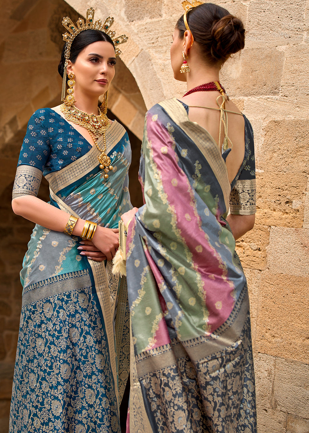 Grey & Pink Viscose Silk Saree with Aqua Finish work - qivii