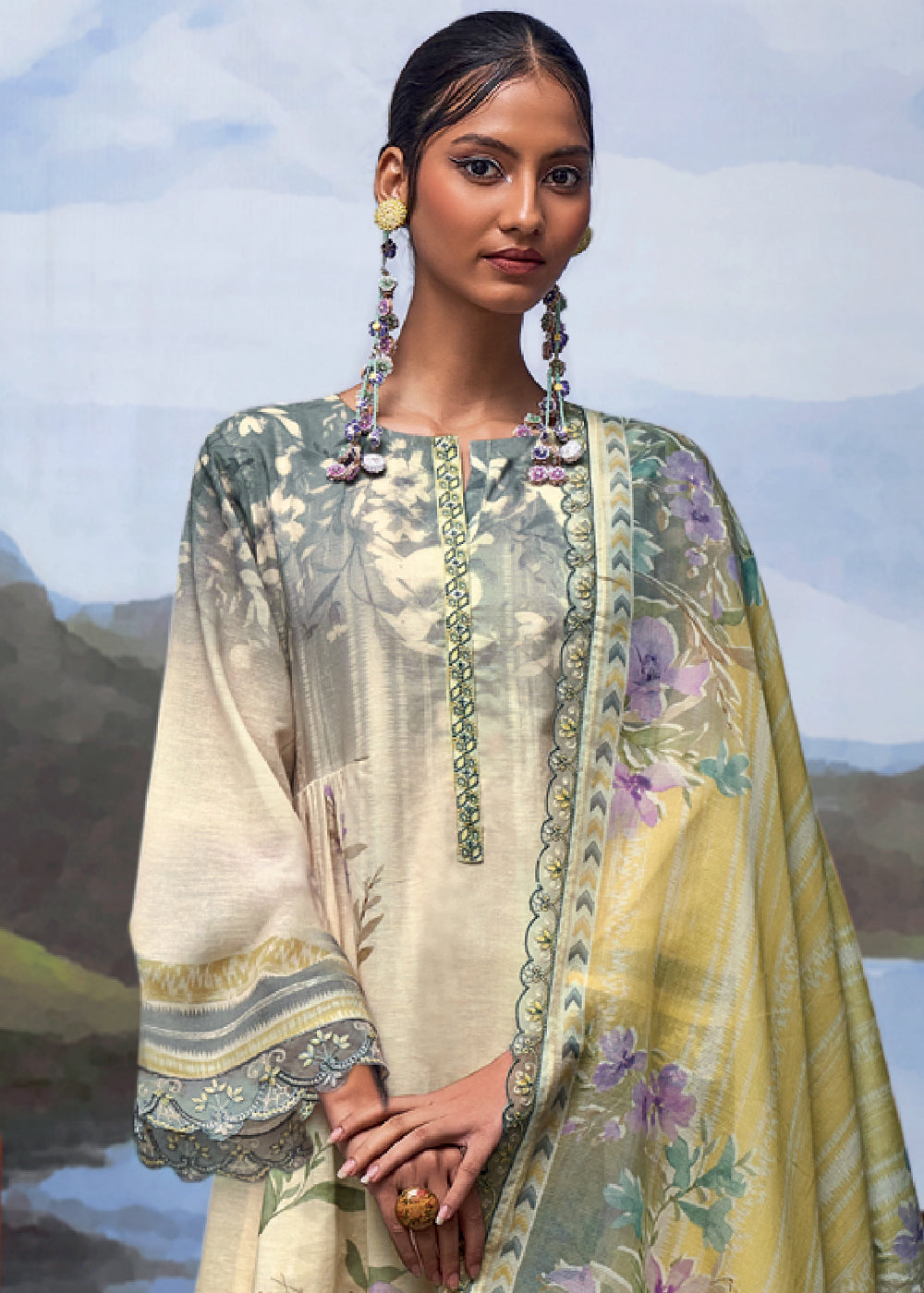 Shades Of Yellow Digital Printed Linen Suit & Embroidery work - qivii