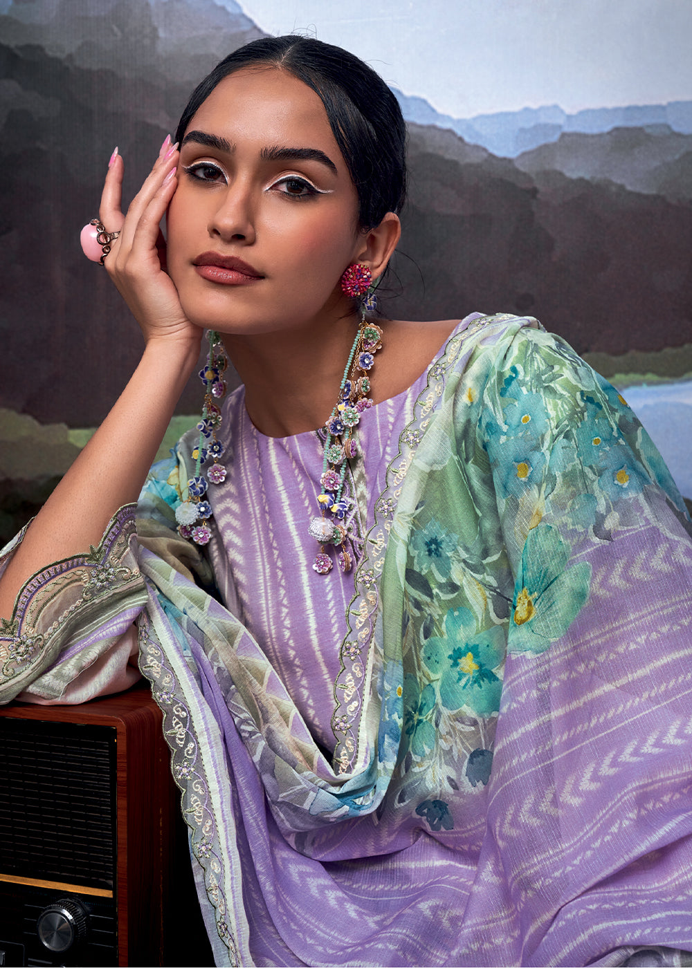 Purple & Green Digital Printed Linen Suit & Embroidery work