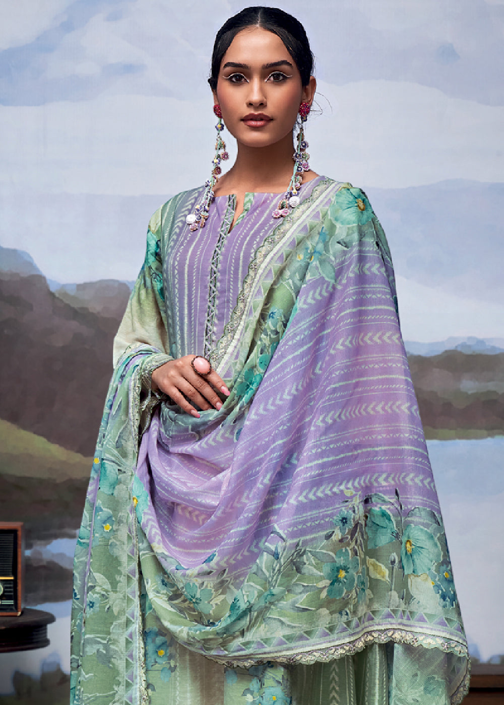 Purple & Green Digital Printed Linen Suit & Embroidery work