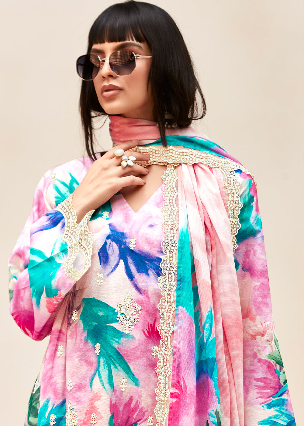 Shades Of Pink Floral Digital Printed Linen Suit & Dori Embroidery work