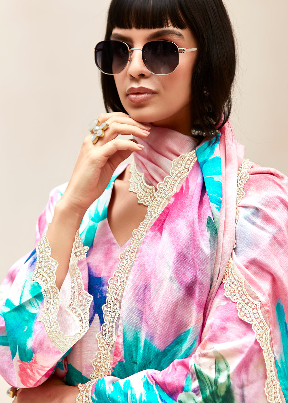 Shades Of Pink Floral Digital Printed Linen Suit & Dori Embroidery work