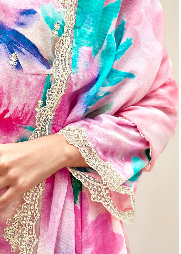 Shades Of Pink Floral Digital Printed Linen Suit & Dori Embroidery work