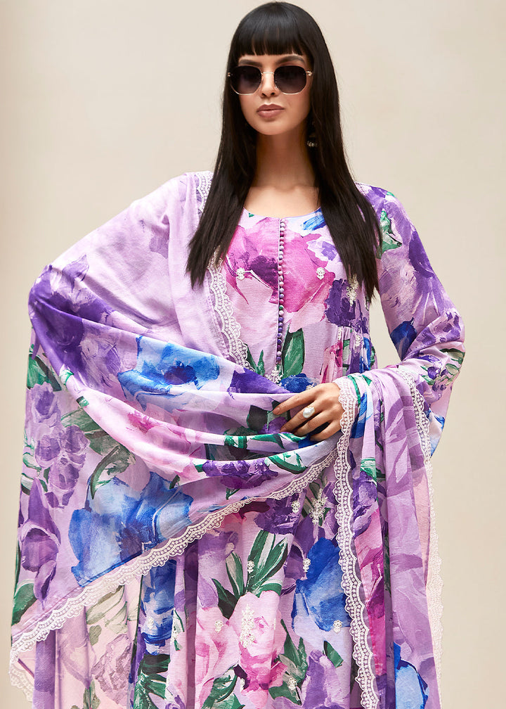 Shades Of Purple Floral Digital Printed Linen Suit & Dori Embroidery work