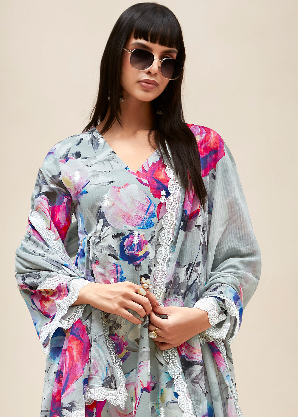 Seal Grey Floral Digital Printed Linen Suit & Dori Embroidery work - qivii