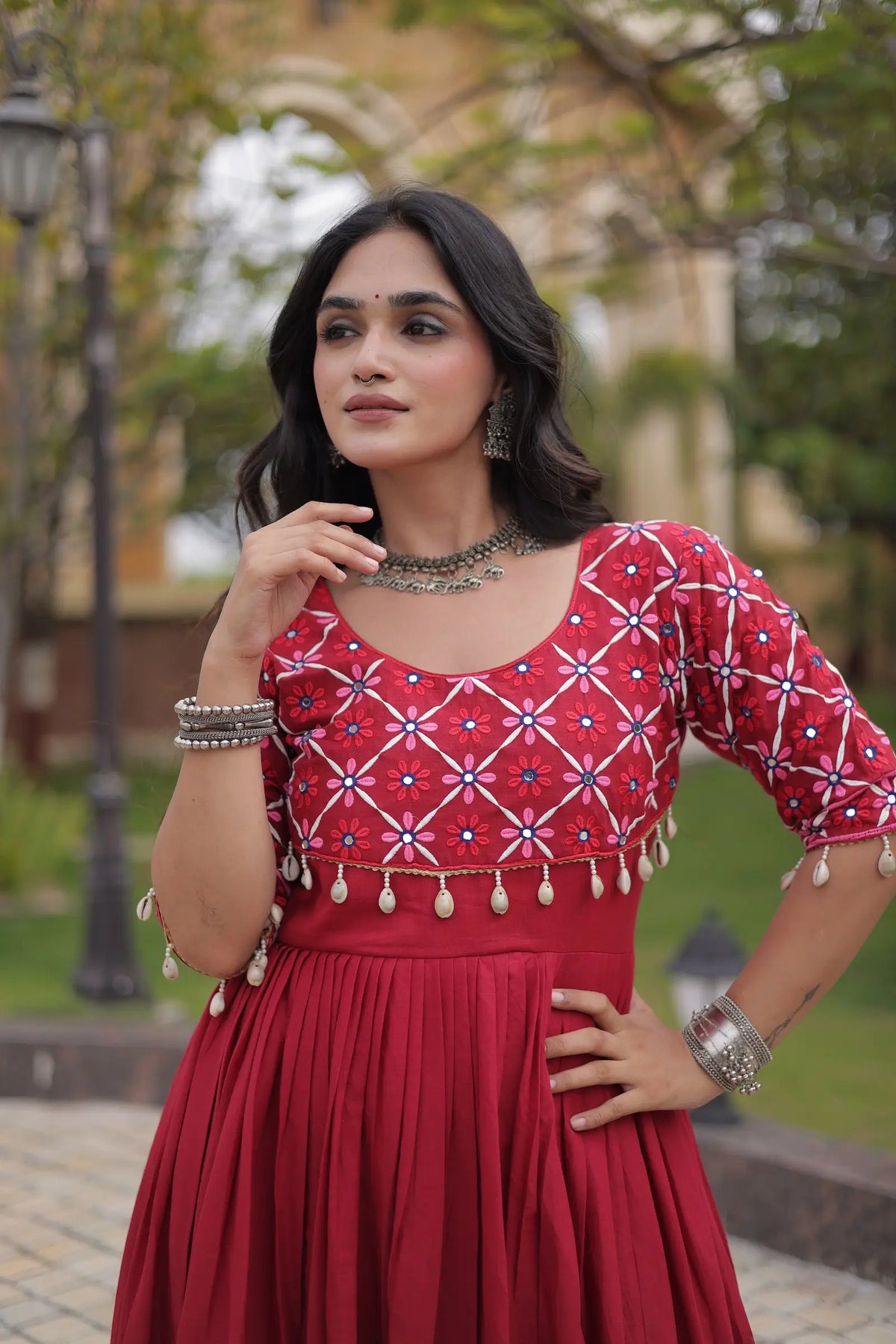 Maroon Embroidery Work Navratri Gown