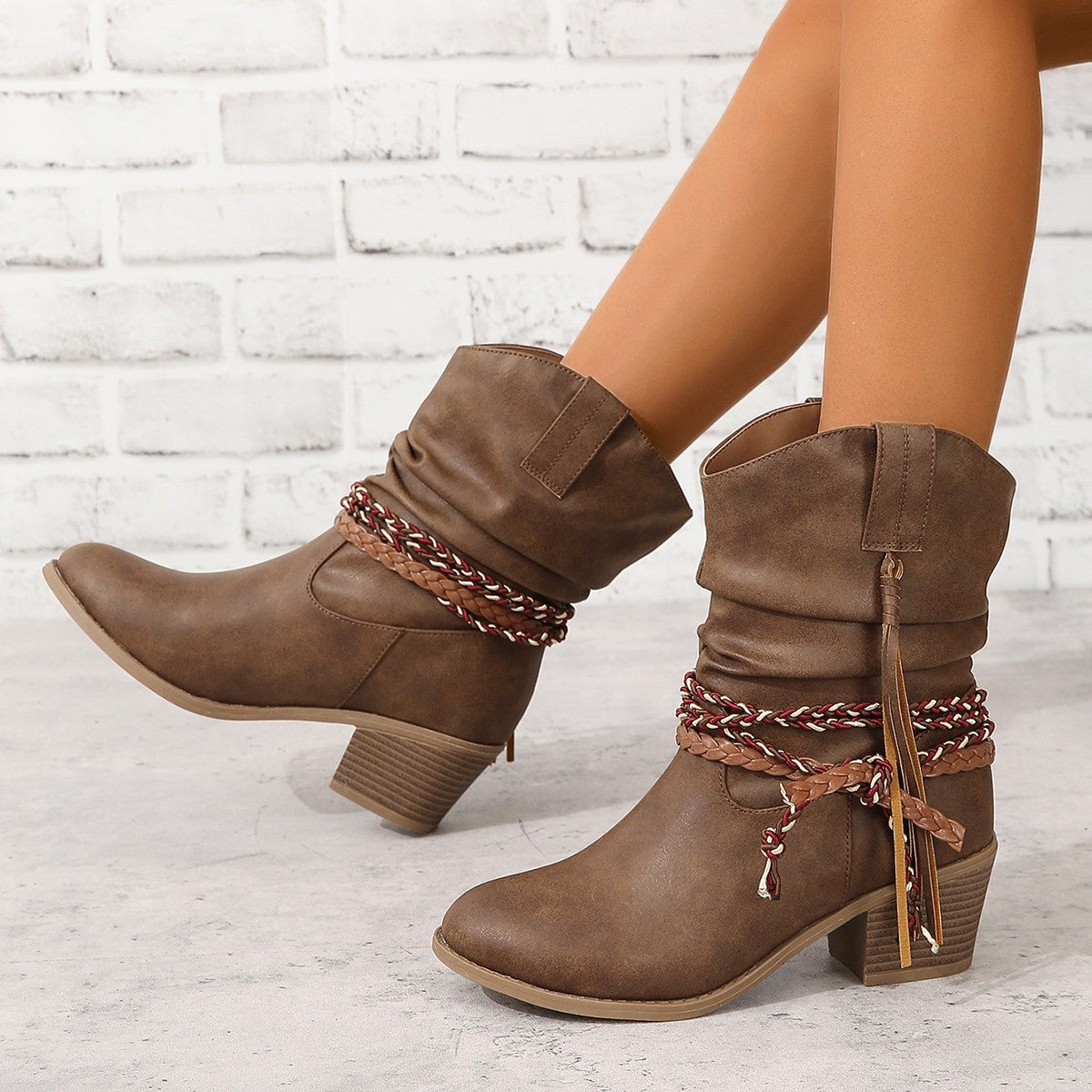 Women's Western Tassel Boots - Braided Buckle Cowboy Ankle Boots with Block Heel & Pointed Toe (US 5-10)