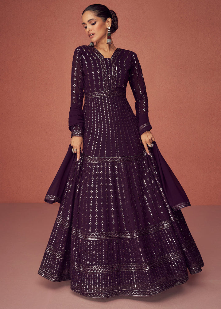 Raisin Purple Georgette Embroidered Anarkali Suit By Qivii