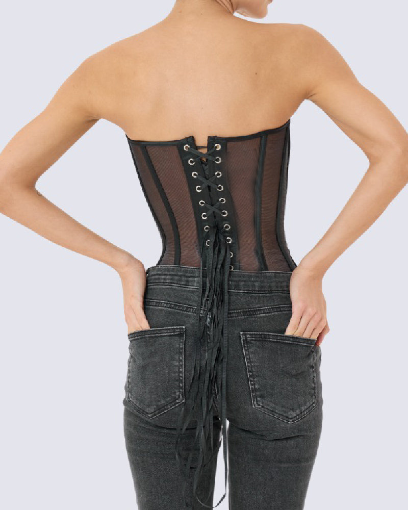 Women's Sexy Mesh Overbust Corset Tops Vintage See Through Slim Bustiers  - By Qivii
