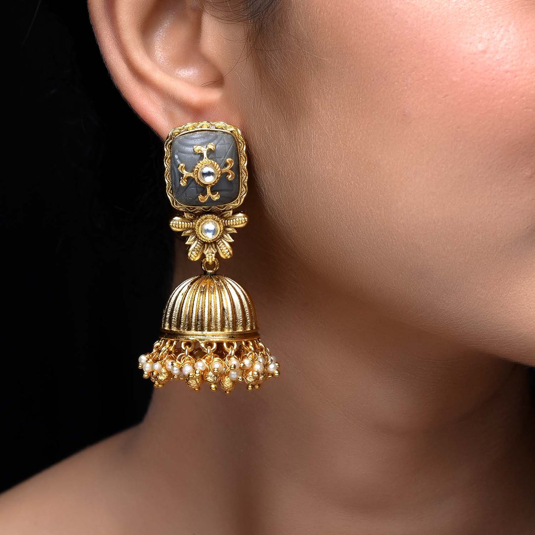 Meera Grey Stone Gold Plated Antique Jhumki