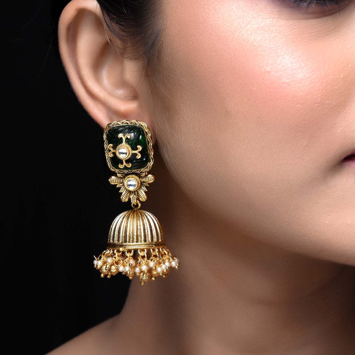 Madhuri Green Stone Gold Plated Antique Jhumki