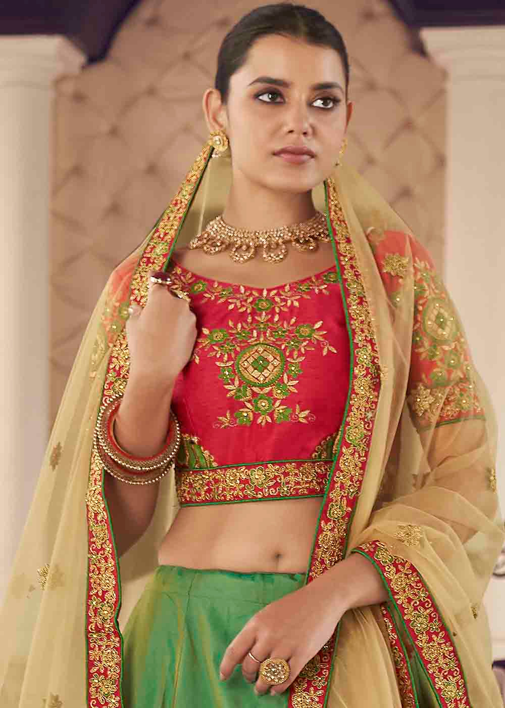 Emerald Green Silk Lehenga Choli with Thread & Zari work | Ready To Wear - qivii