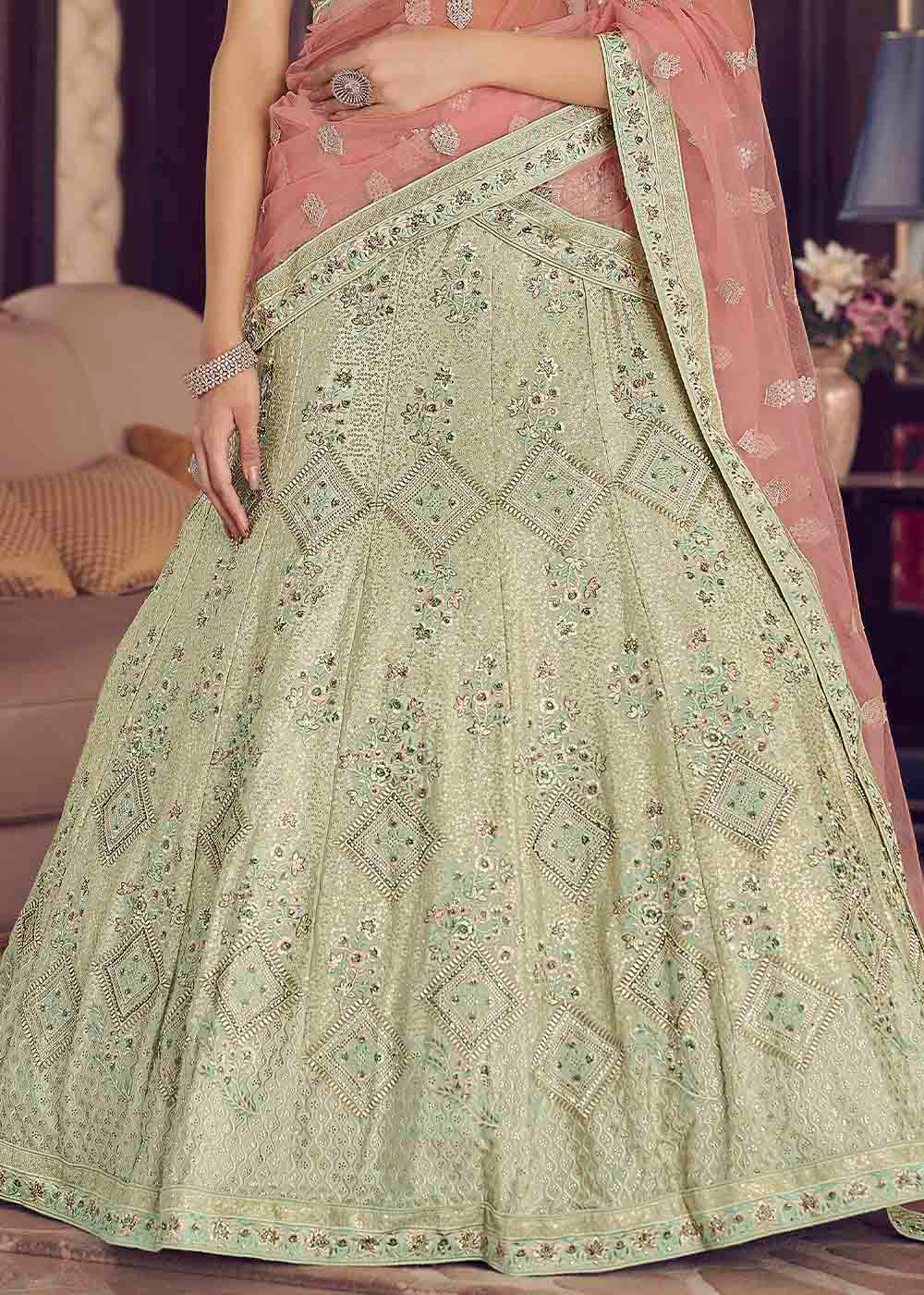 Light Moss Green Crepe Lehenga Choli with Zarkan, Thread & Sequins work | Ready To Wear - qivii
