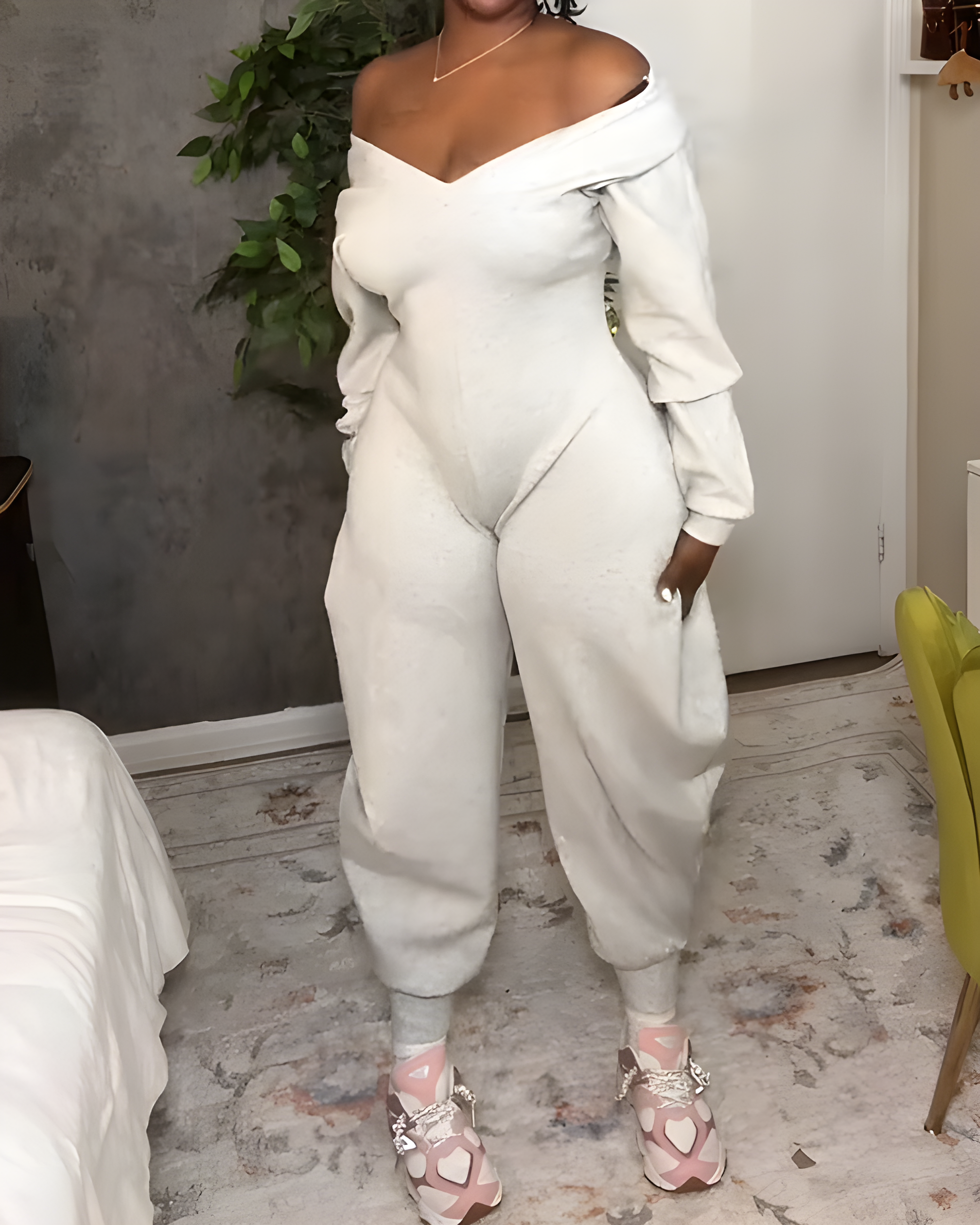 Cozy V Neck Baggy Long Sleeve Jumpsuit  - By Qivii