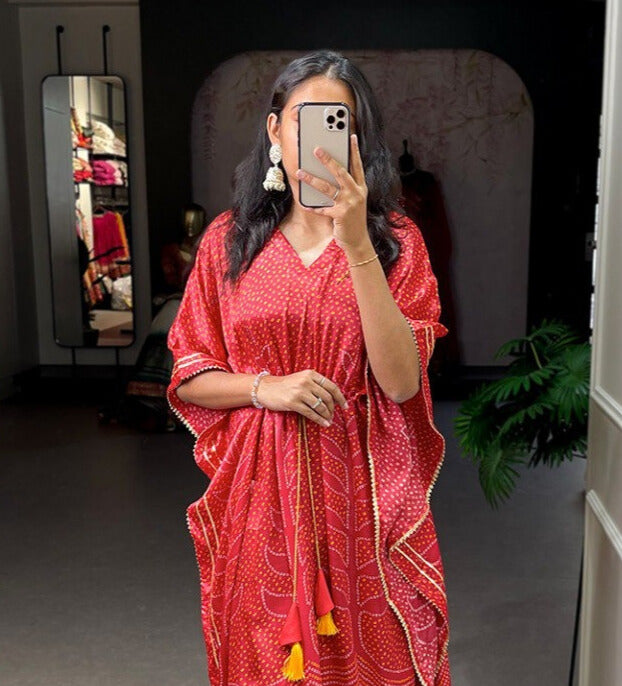 Red Pure Gaji Silk Digital Print with Gotta Patti Lace Border also comes with tassels Kaftan Dress