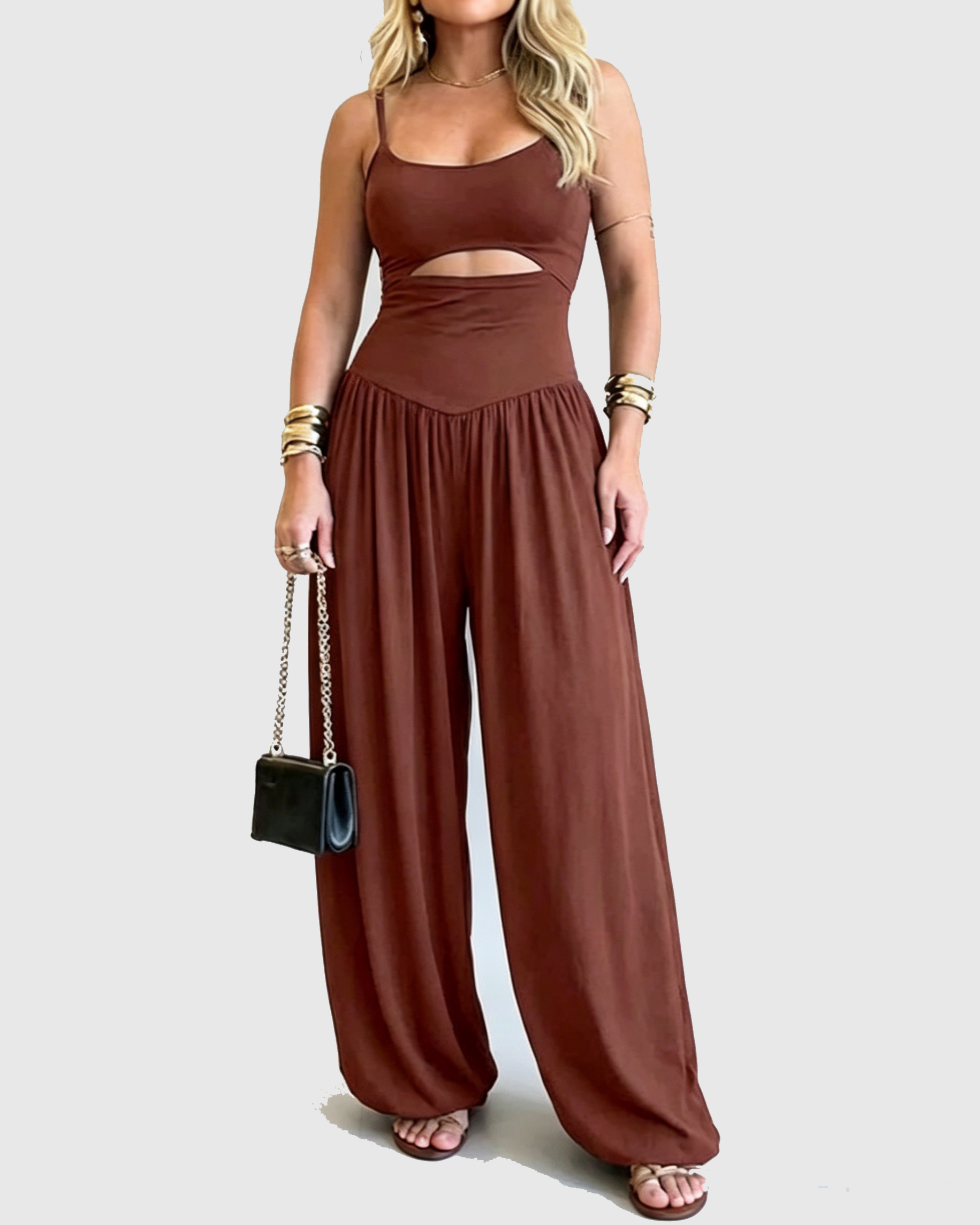 Solid Color Cut-out Cami Backless Jumpsuit  - By Qivii