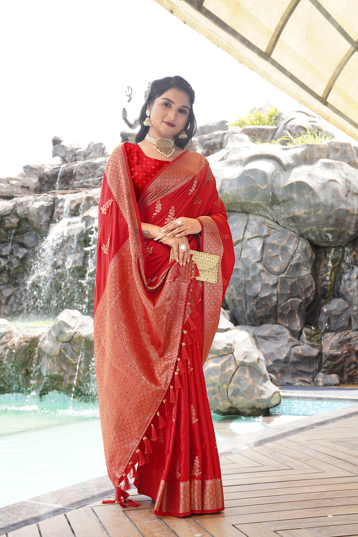 Red Pure Sartin Silk Weaving With Rich Pallu And Fancy Border Saree