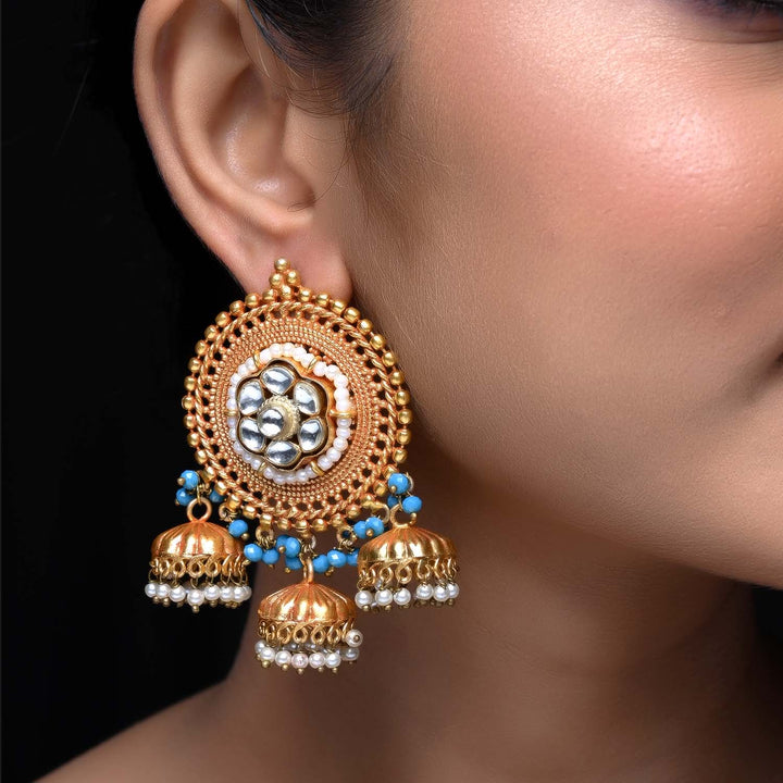 Kajal Sky Blue Stone Gold Plated Antique Jhumki