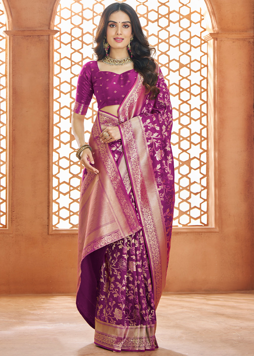 Jam Purple Floral Zari Woven Banarasi Silk Saree