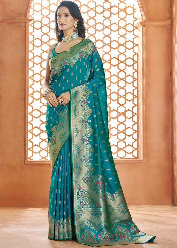 Honolulu Blue Floral Zari Woven Banarasi Silk Saree