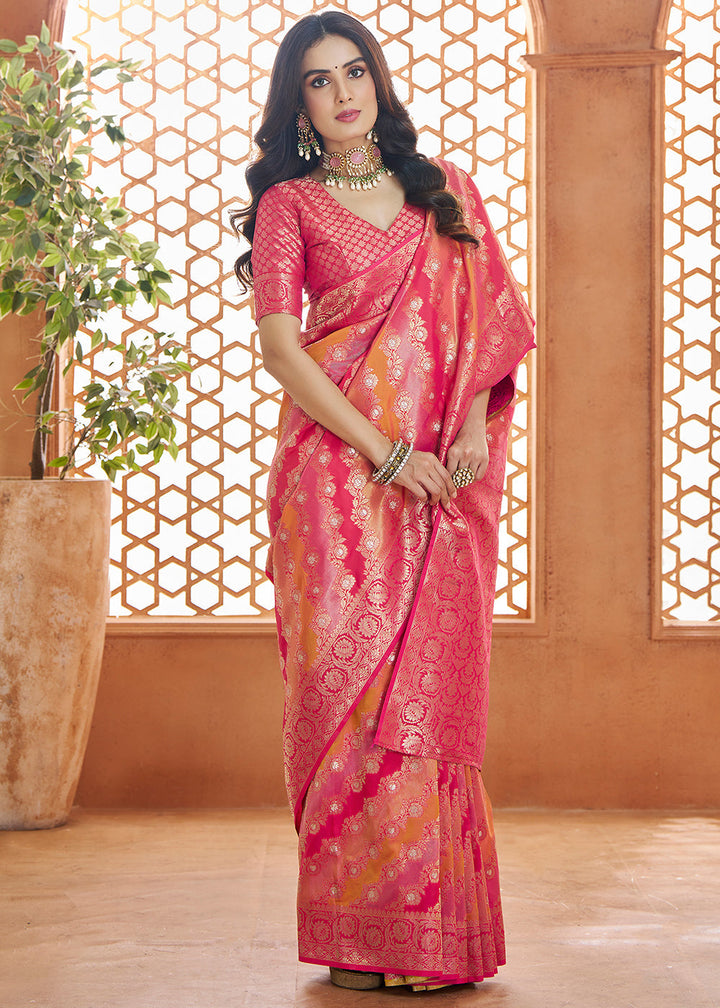 Shades Of Pink Floral Zari Woven Banarasi Silk Saree