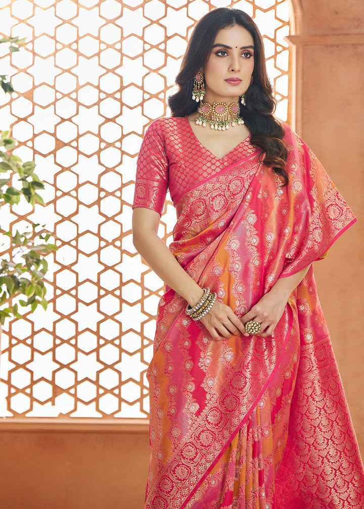 Shades Of Pink Floral Zari Woven Banarasi Silk Saree