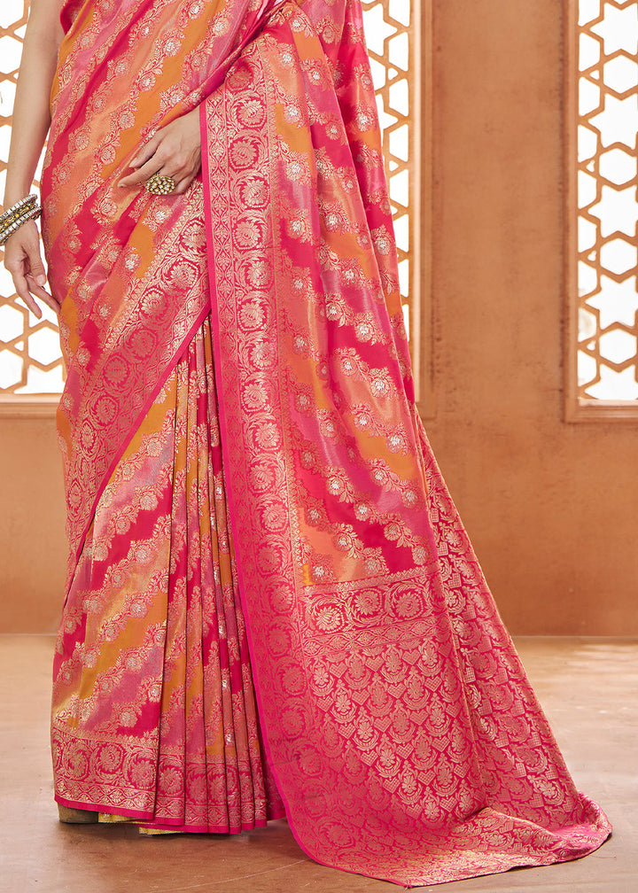 Shades Of Pink Floral Zari Woven Banarasi Silk Saree