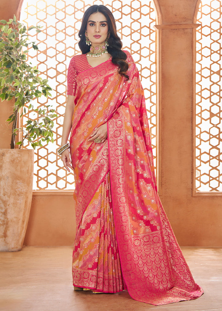 Shades Of Pink Floral Zari Woven Banarasi Silk Saree